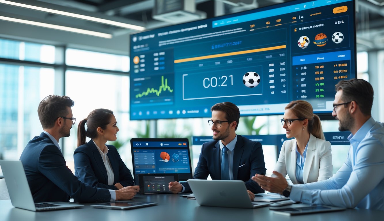 Sekelompok profesional sedang berdiskusi di kantor modern dengan layar digital menampilkan data dan statistik olahraga.