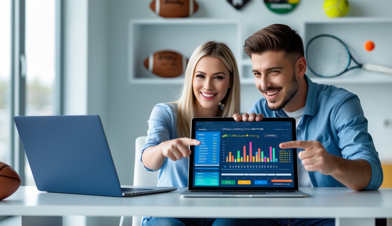 Dua orang muda duduk di meja dengan perangkat digital, menganalisis data taruhan olahraga resmi bersama-sama di kantor yang terang dan rapi.