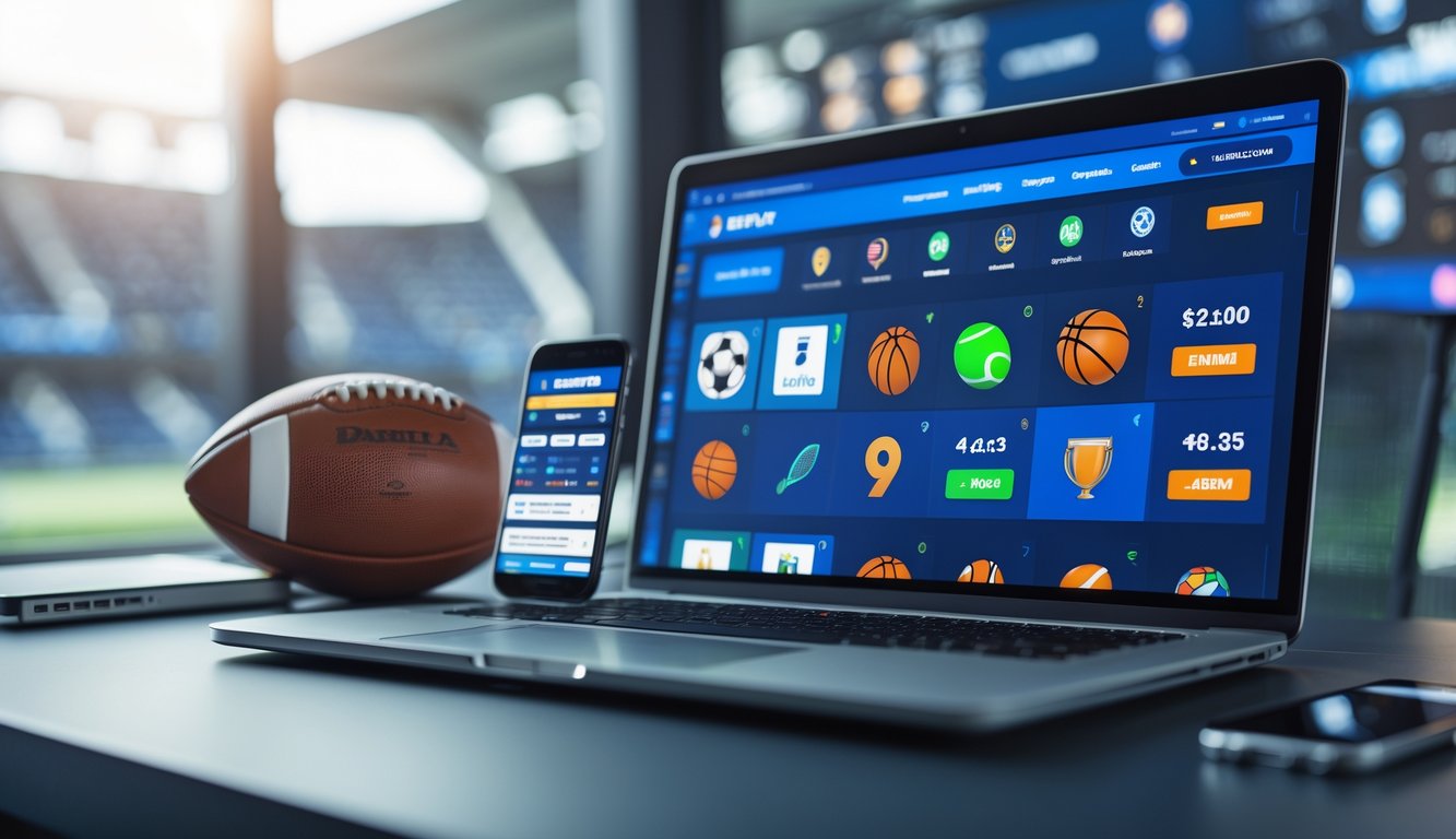 Meja kerja modern dengan laptop dan ponsel yang menampilkan situs taruhan olahraga online, dilengkapi dengan bola sepak dan bola basket di latar belakang.