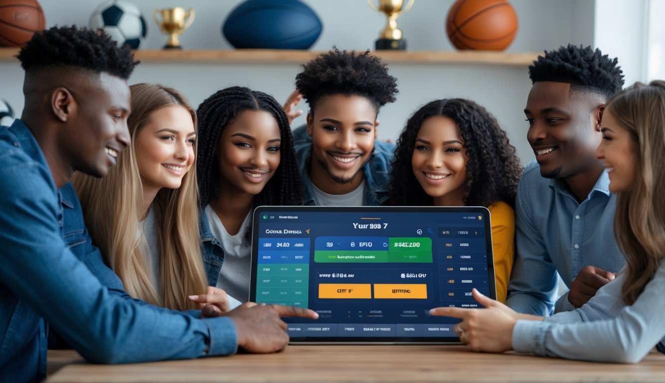 Sekelompok orang muda berkumpul melihat layar digital yang menampilkan peluang taruhan olahraga, dengan suasana ruangan modern dan peralatan olahraga di latar belakang.