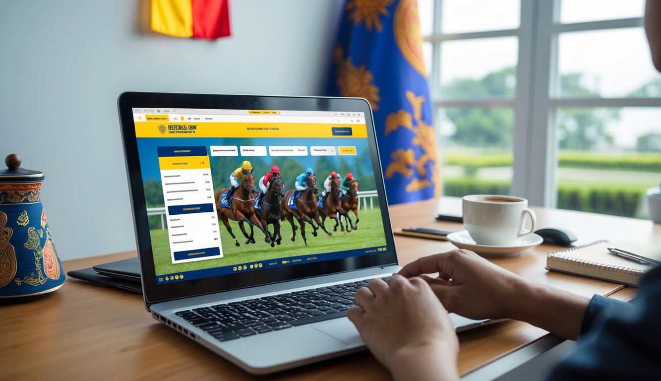 Seseorang menggunakan komputer untuk memilih taruhan balap kuda secara online di ruang kerja yang rapi dengan elemen budaya Indonesia.