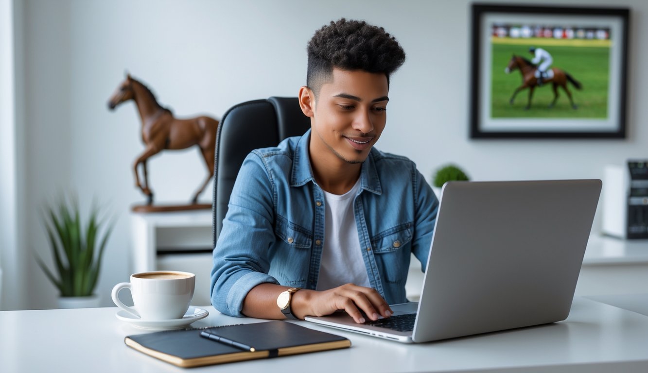 Seseorang duduk di meja dengan laptop, mendaftar di situs judi balap kuda terpercaya di ruang kerja yang rapi.