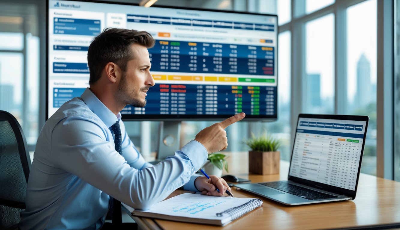 Seorang pria profesional sedang menganalisis strategi balap kuda di kantor modern dengan layar digital dan laptop.