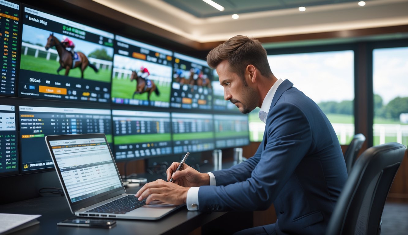Seorang petaruh profesional sedang menganalisis data taruhan balap kuda di kantor taruhan yang modern dan terang dengan layar digital menampilkan balapan kuda.