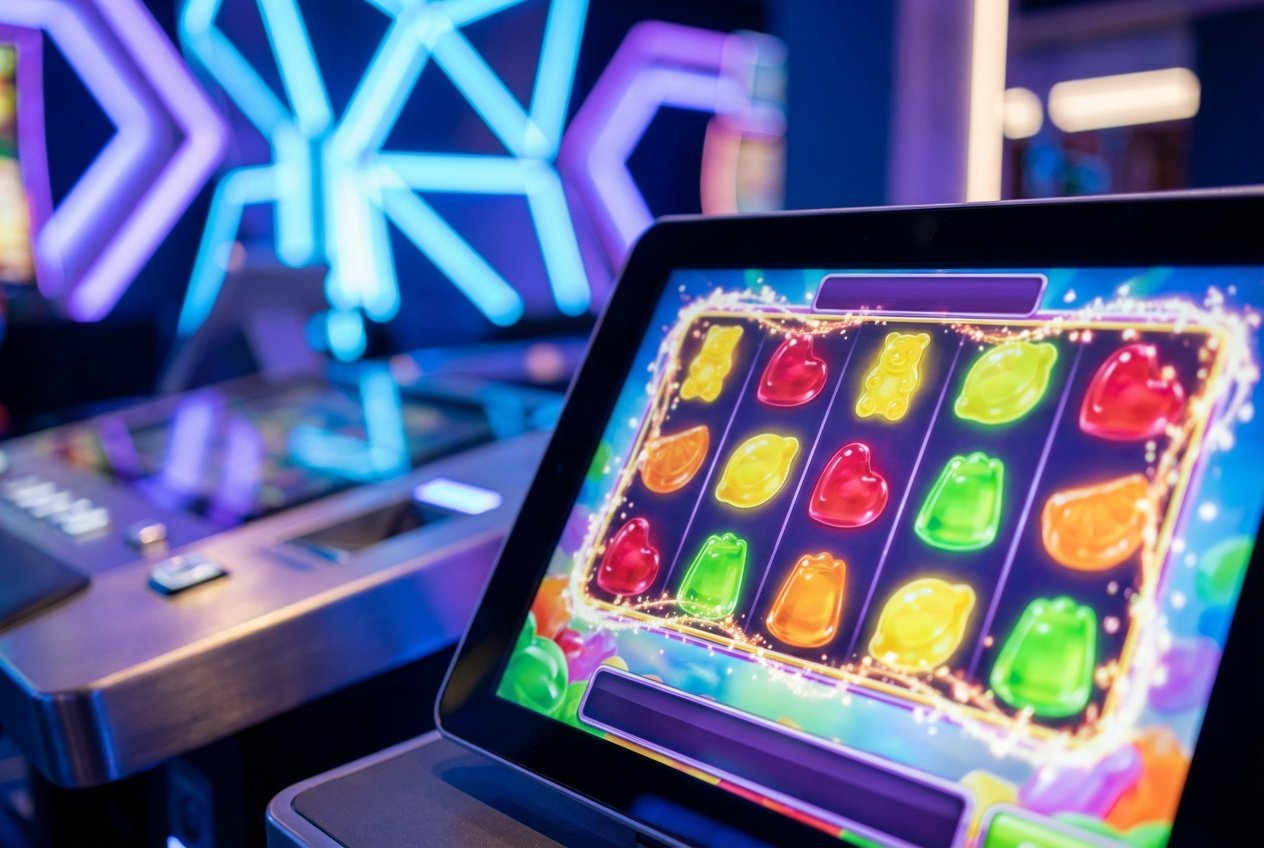 Tampilan layar permainan online bertema permen gummy berwarna-warni dengan simbol permen yang mengilap dan latar belakang modern.