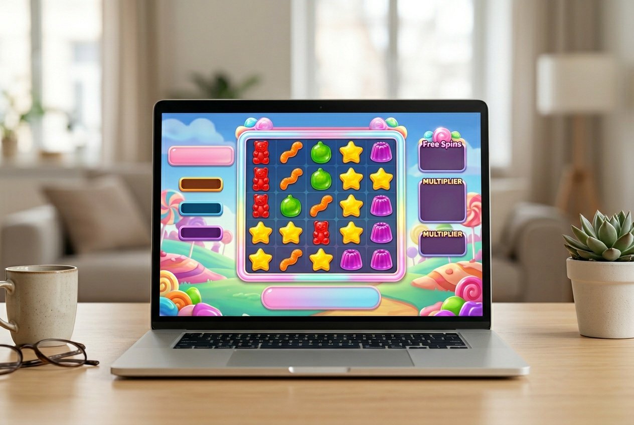 Tampilan layar komputer yang menampilkan permainan slot Sweet Gummy dengan simbol permen warna-warni, dikelilingi oleh efek cahaya yang menarik dan suasana permainan online yang menyenangkan.