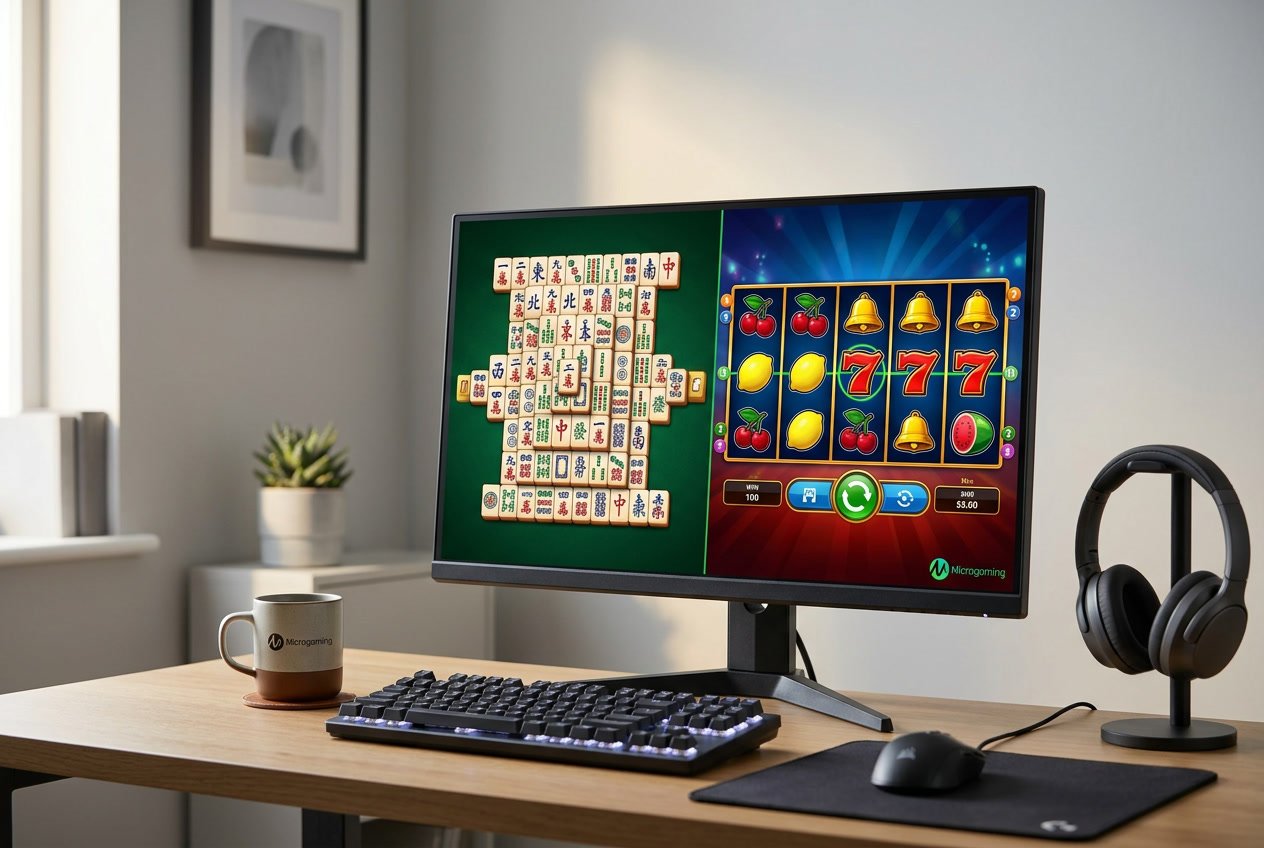 Sebuah setup permainan online dengan layar komputer menampilkan permainan Mahjong dan mesin slot yang berwarna-warni.
