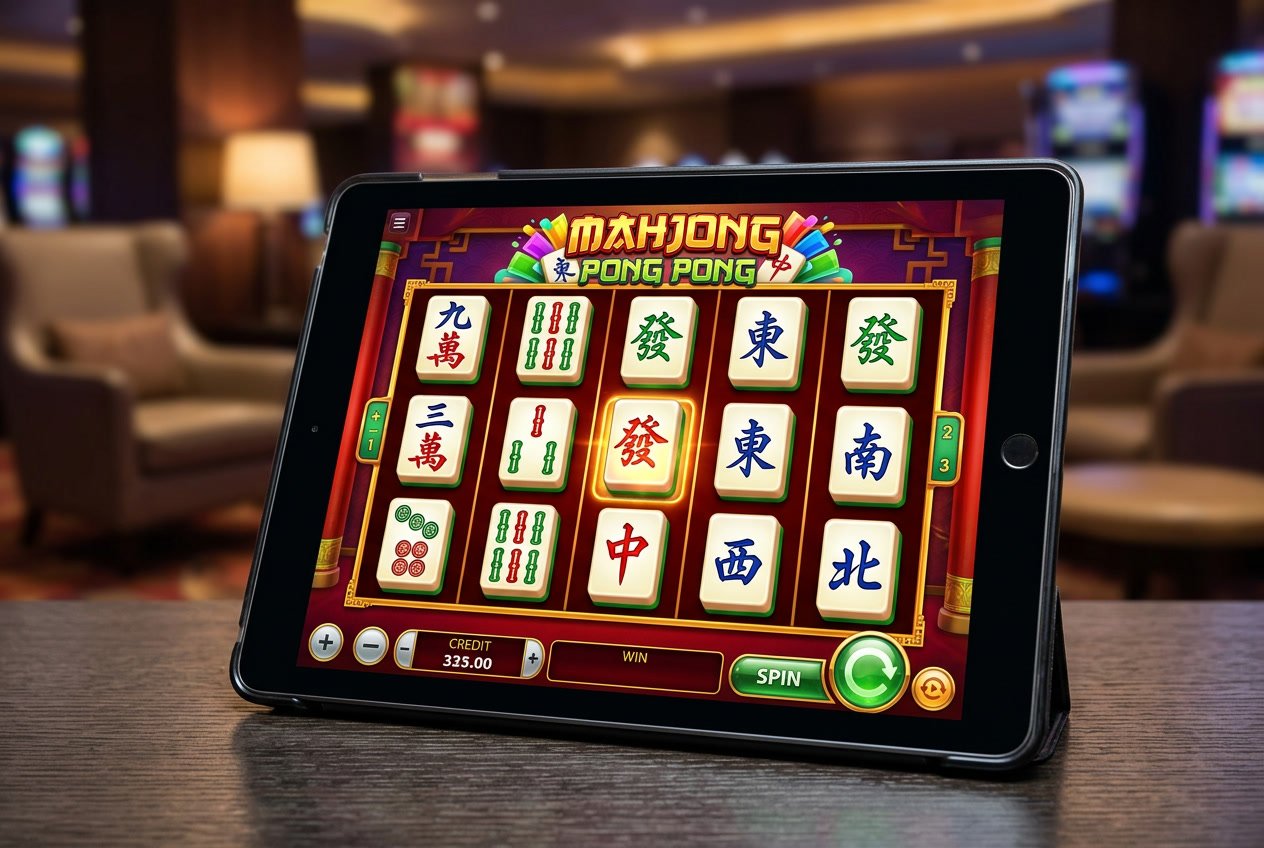 Layar perangkat menampilkan permainan slot online dengan simbol Mahjong dan Pong Pong yang berwarna-warni.