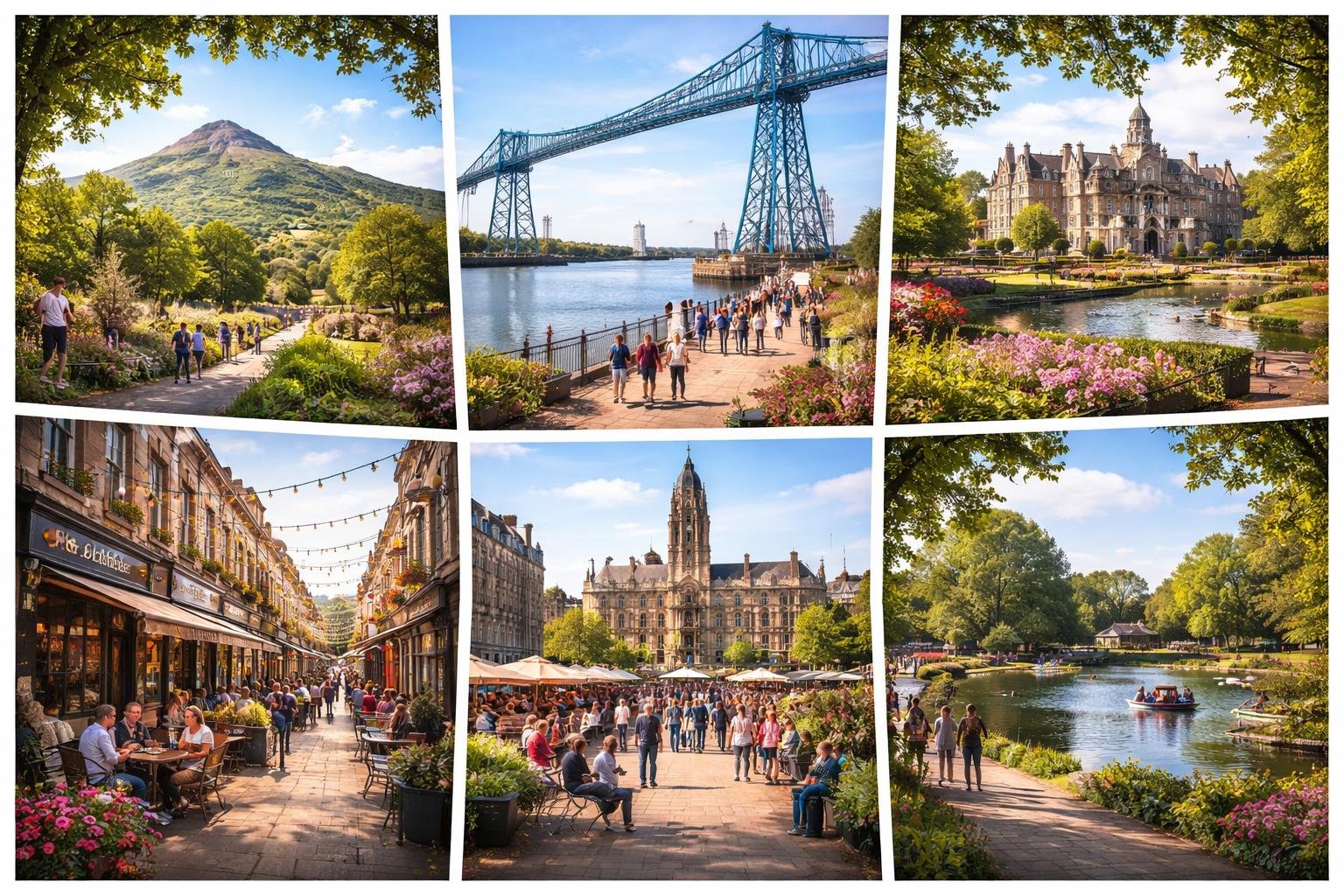 A collage of six popular spots around Middlesbrough showing landmarks, cafes, streets, and parks with people enjoying the area.
