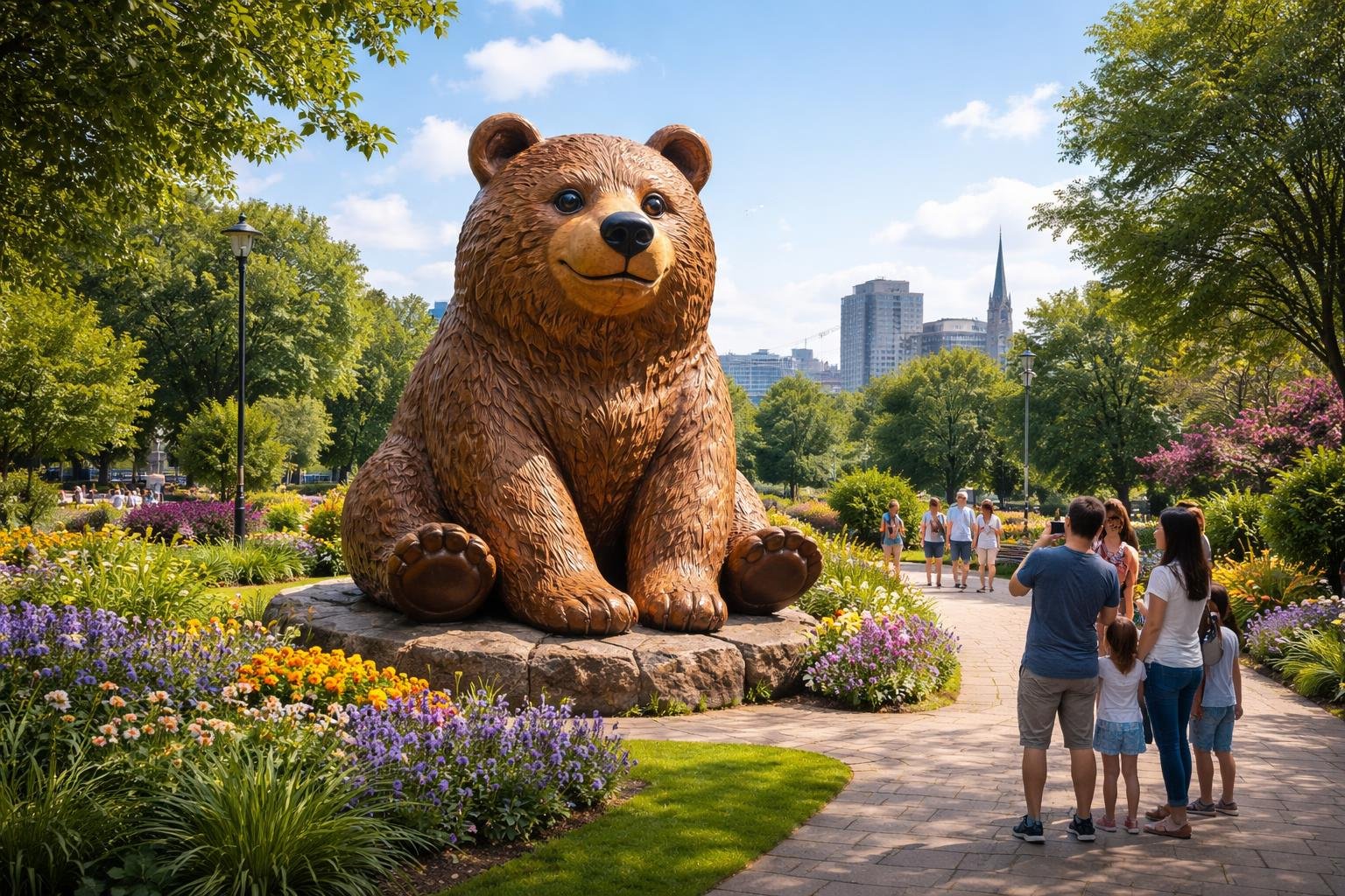 A large bear sculpture in a green park in Middlesbrough with people walking and enjoying the area, city buildings visible in the background under a clear sky.