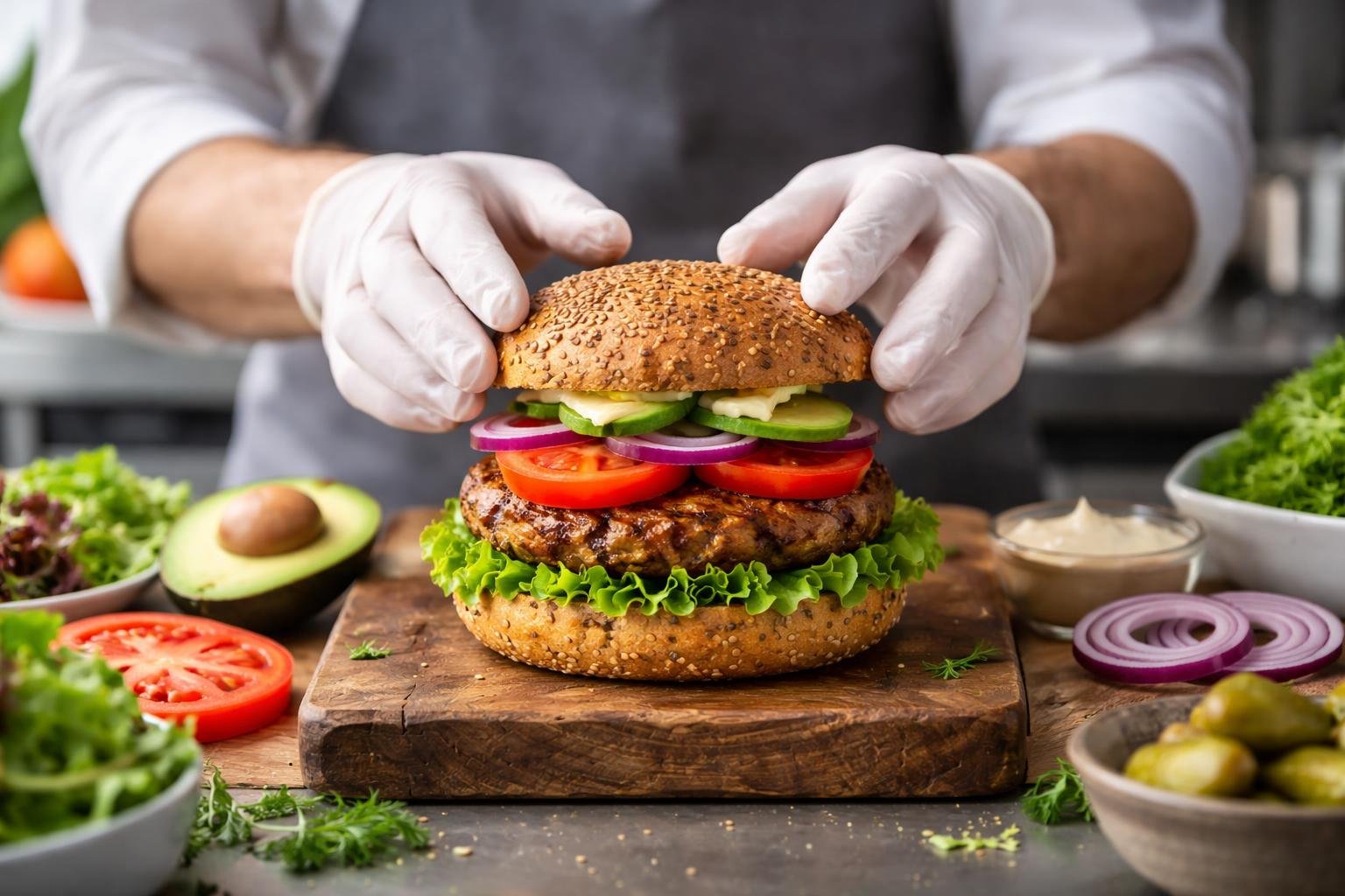 Chef assembling a fresh vegan burger with lettuce, tomato, avocado, and a grilled patty in a clean restaurant kitchen.