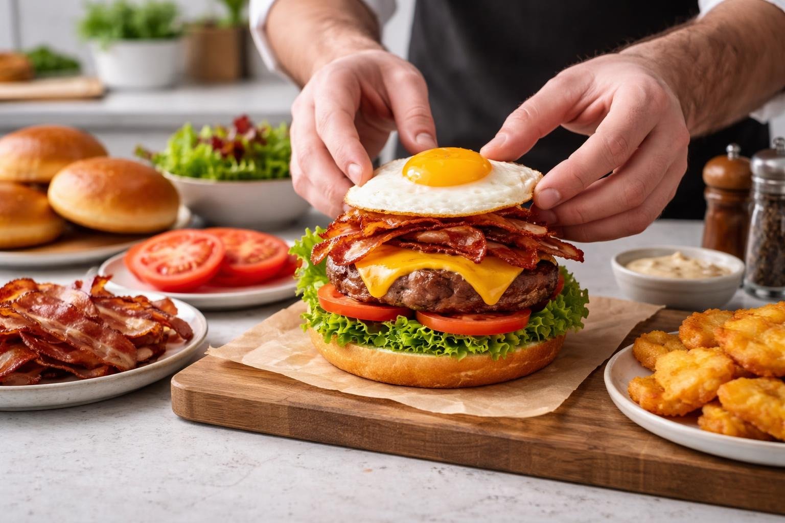 Hands assembling a brunch burger with fresh ingredients including beef patty, bacon, fried egg, lettuce, tomato, cheese, and brioche bun on a kitchen countertop.