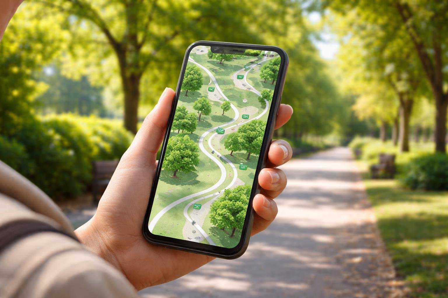 A person outdoors looking at a smartphone showing a map with shaded paths, benches, and flat routes in a green park.