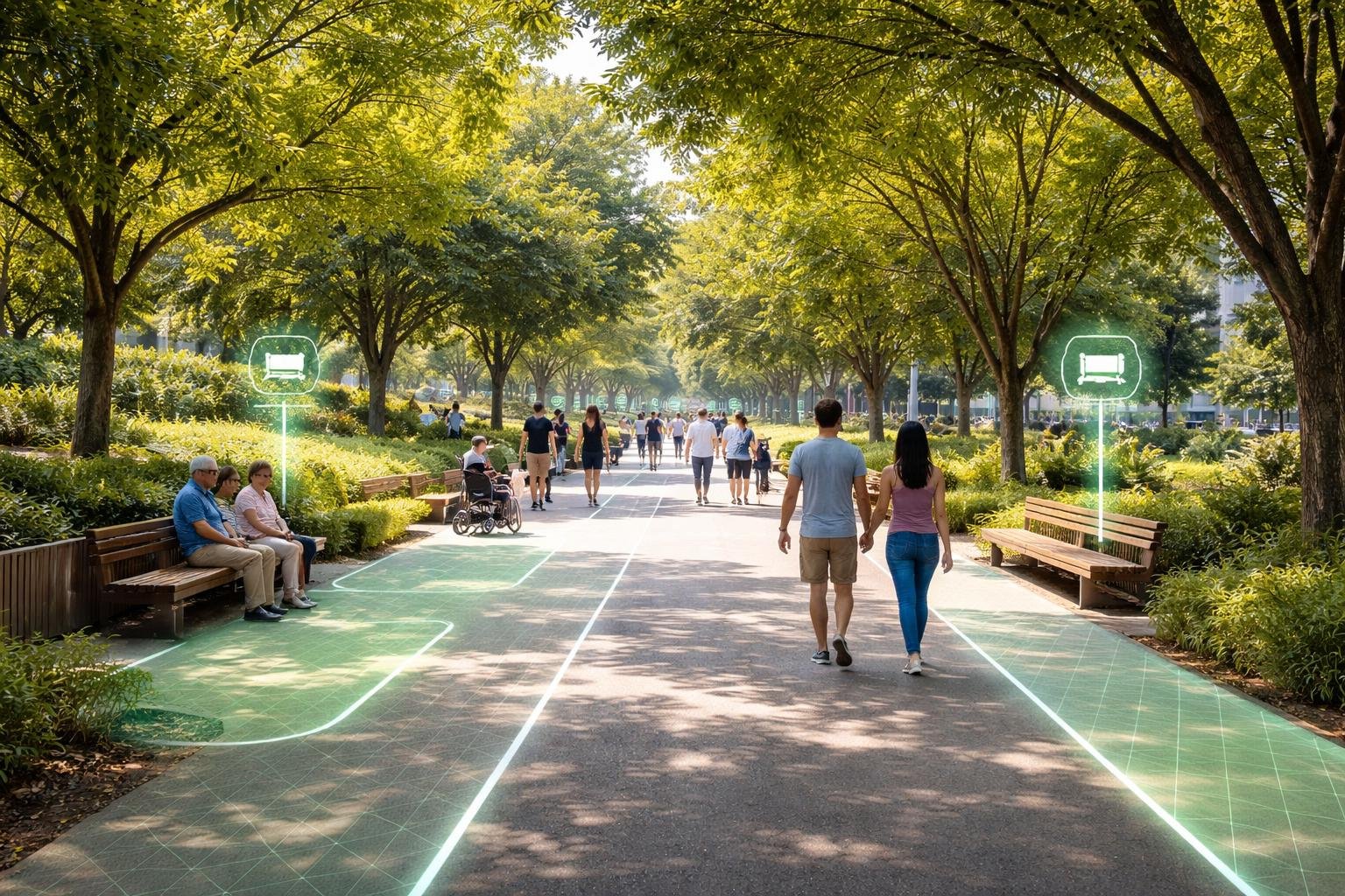 People walking and resting on benches along a shaded, flat pathway in a green urban park.