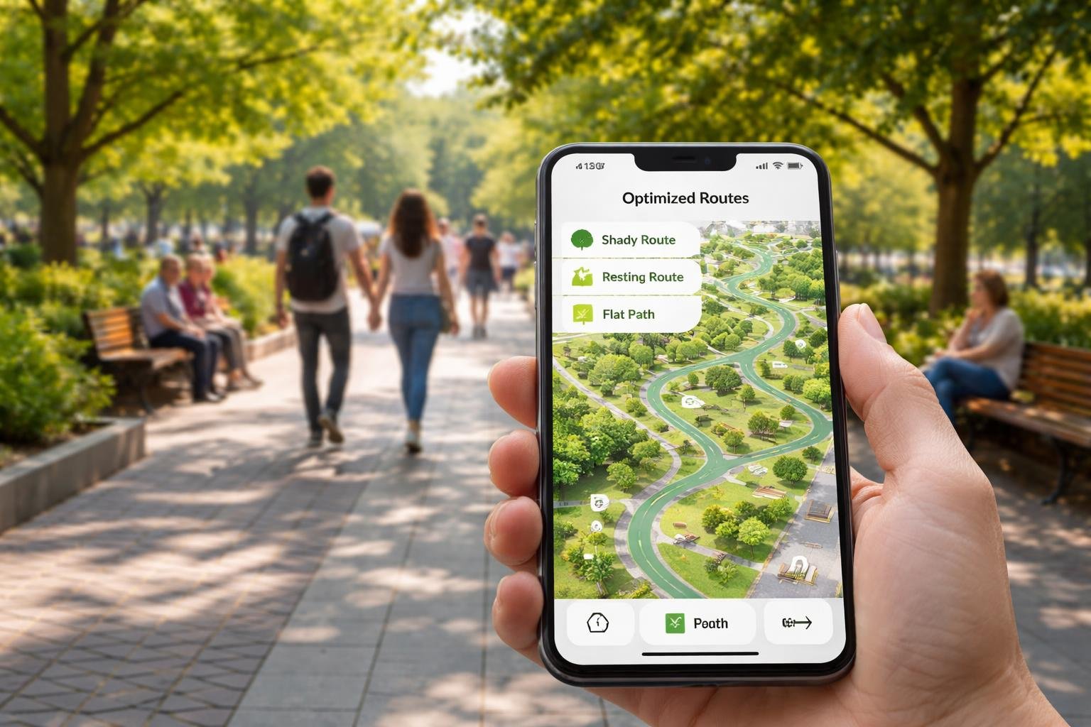 People walking and resting in a sunny urban park with a digital map showing shaded routes, benches, and flat paths.