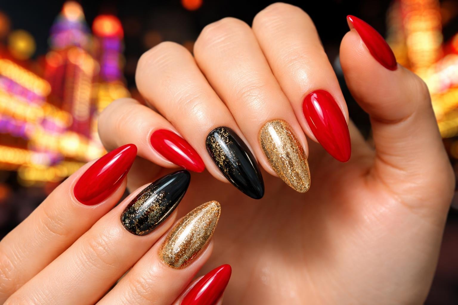 Close-up of a woman's hands with colorful acrylic nails against a blurred background of Las Vegas lights.