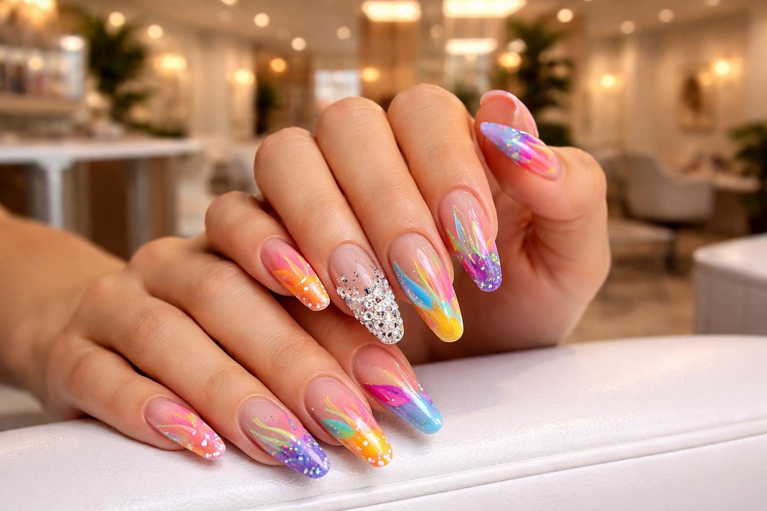 Close-up of hands with colorful acrylic nails resting on a salon table inside a nail salon.