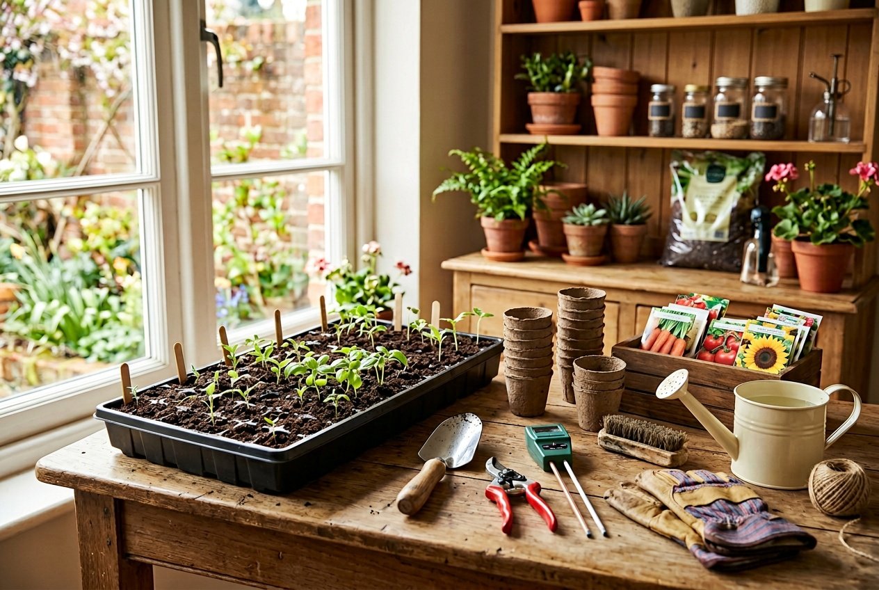 A table with seed trays, gardening tools, seed packets, and seedlings near a sunlit window, ready for spring planting.