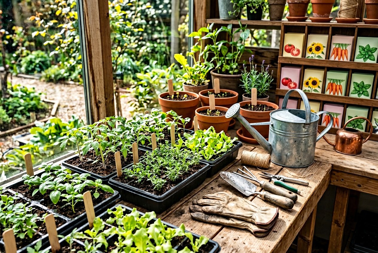 A gardening workspace with seed trays, young seedlings, and various gardening tools arranged on a wooden table in natural sunlight.