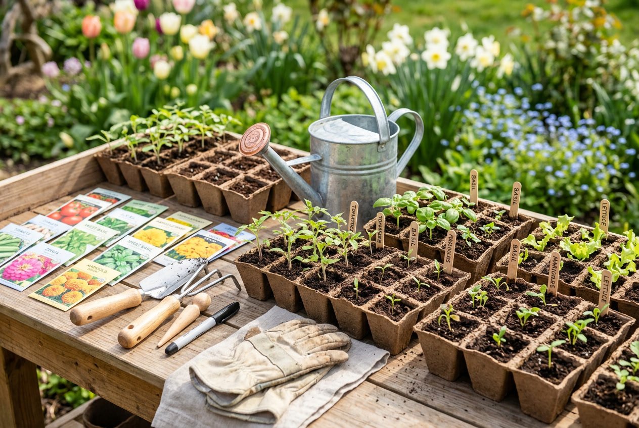 A wooden table outdoors with seed trays, gardening tools, and small seedlings growing, surrounded by spring flowers and greenery.