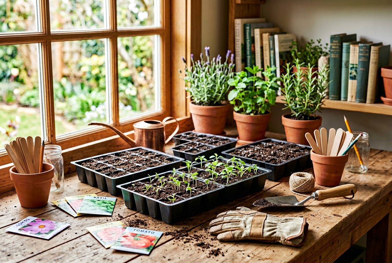 A bright gardening workspace with seed trays, seedlings, gardening tools, and potted plants arranged on a wooden table near a sunlit window.