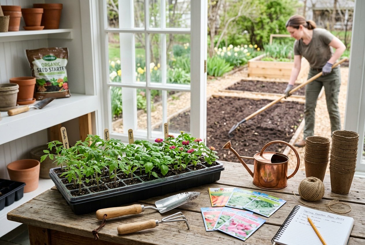 A gardening workspace with seed trays containing seedlings, gardening tools on a wooden table, and a garden with tilled soil visible through a window.