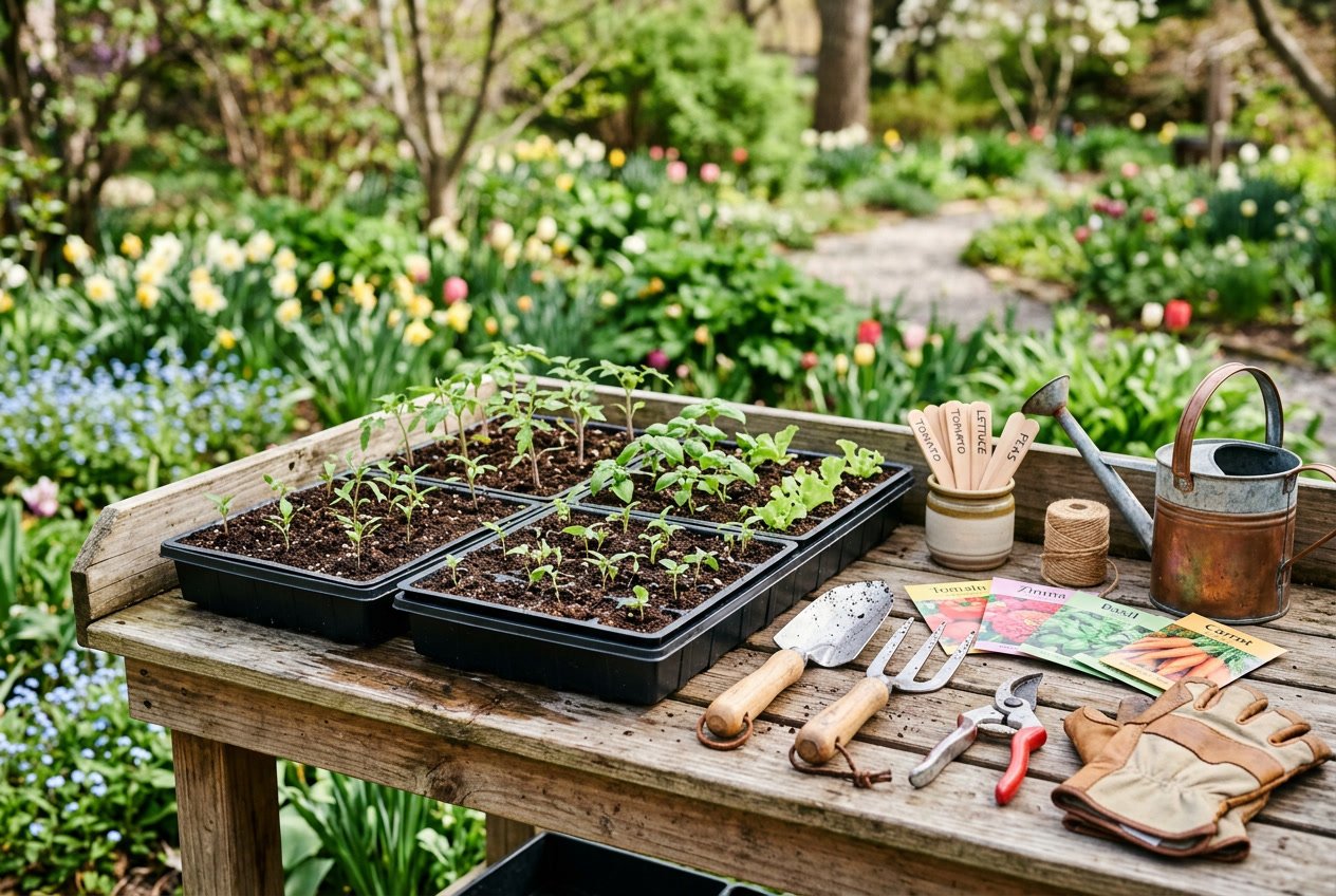 A gardening workspace with seed trays, seedlings, gardening tools, and seed packets on a wooden table outdoors in a garden during early spring.