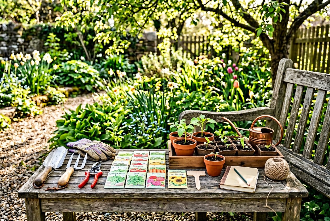 A garden bench with various gardening tools, seed packets, and young seedlings set against a green garden background in spring.