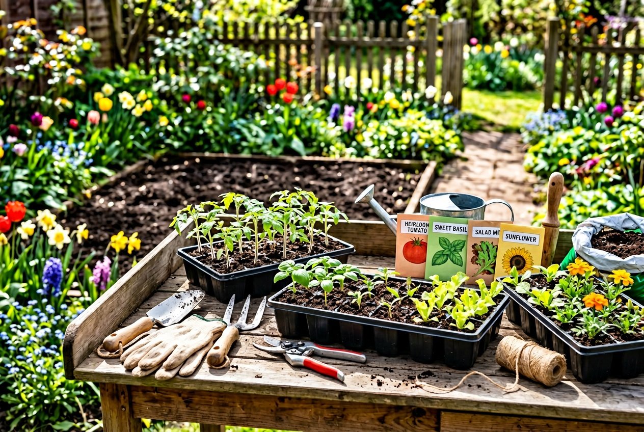 A sunlit garden workspace with gardening tools, seedling trays with young plants, and fresh soil beds surrounded by spring flowers and greenery.