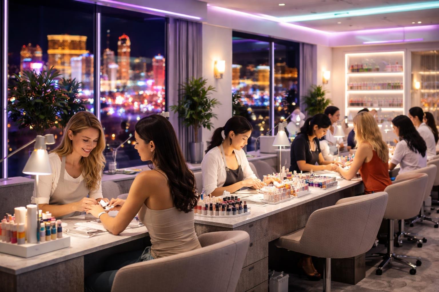 Interior of a brightly lit nail salon in Las Vegas at night with nail technicians working on clients' nails.