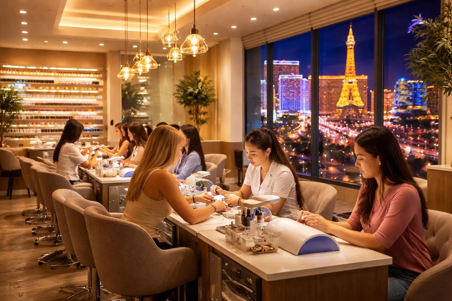 Customers receiving nail treatments in a brightly lit nail salon with city lights visible through large windows at night.