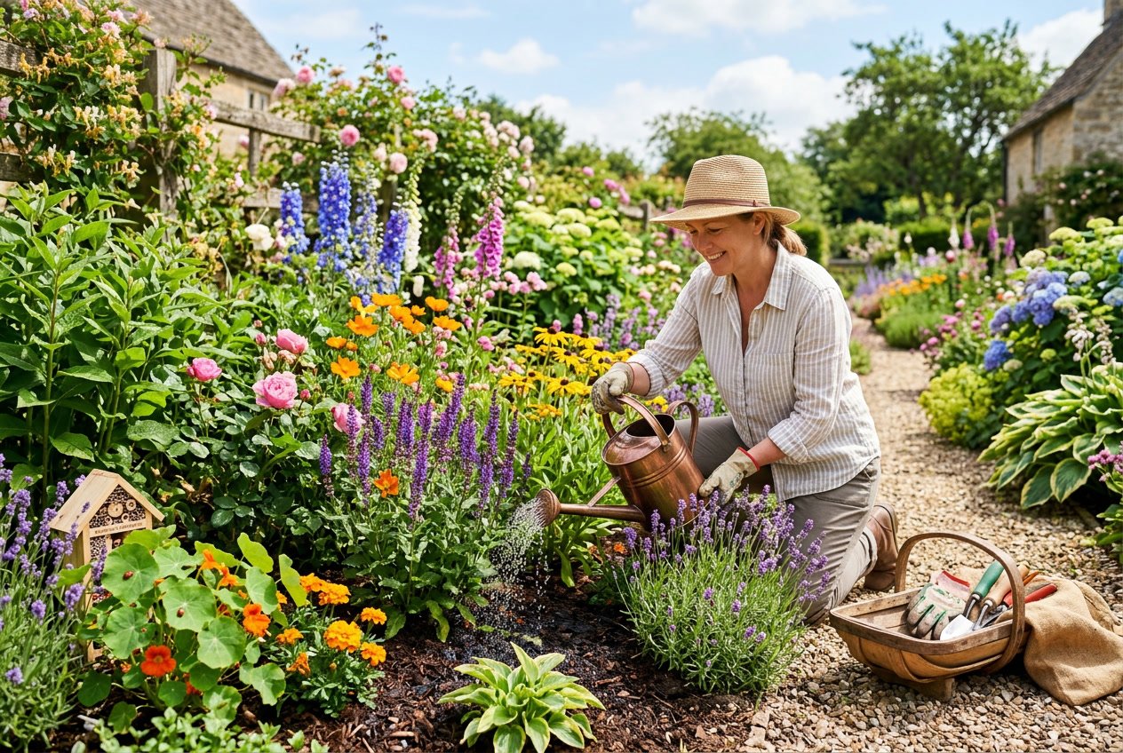 A gardener watering healthy plants and flowers in a sunny summer garden with natural pest control elements visible.
