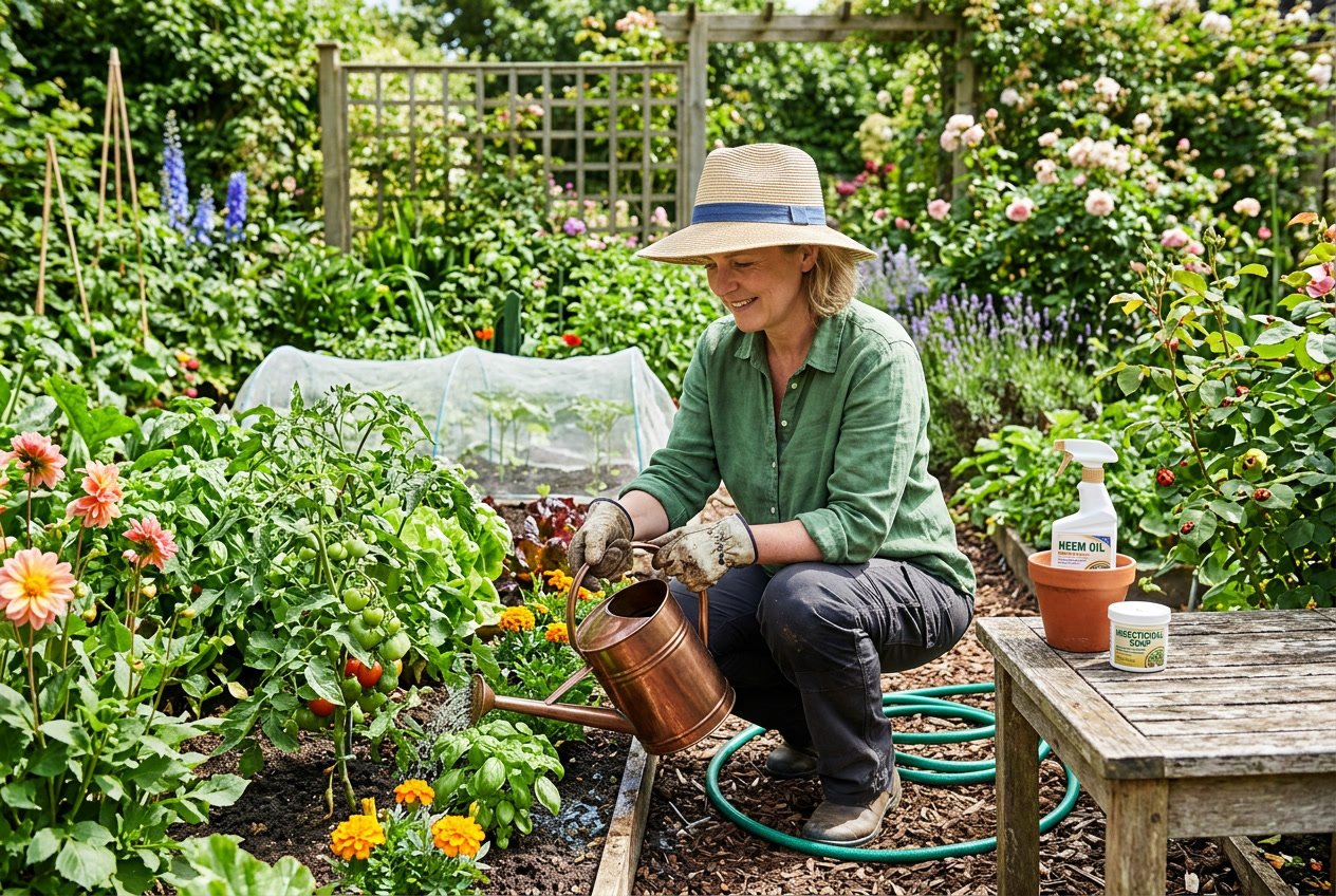 A gardener watering healthy plants in a sunny summer garden with pest control products nearby.
