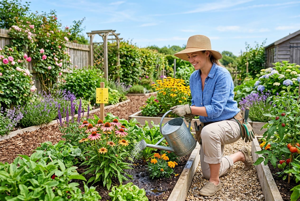A gardener watering healthy green plants and flowers in a sunny summer garden with visible natural pest control elements.