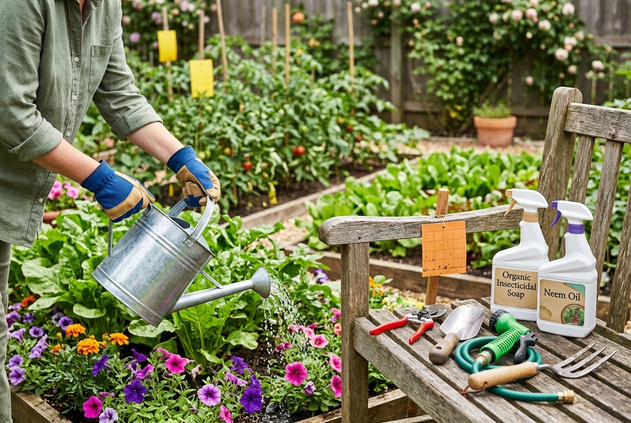 A gardener watering plants in a summer garden with gardening tools and pest management supplies arranged nearby.