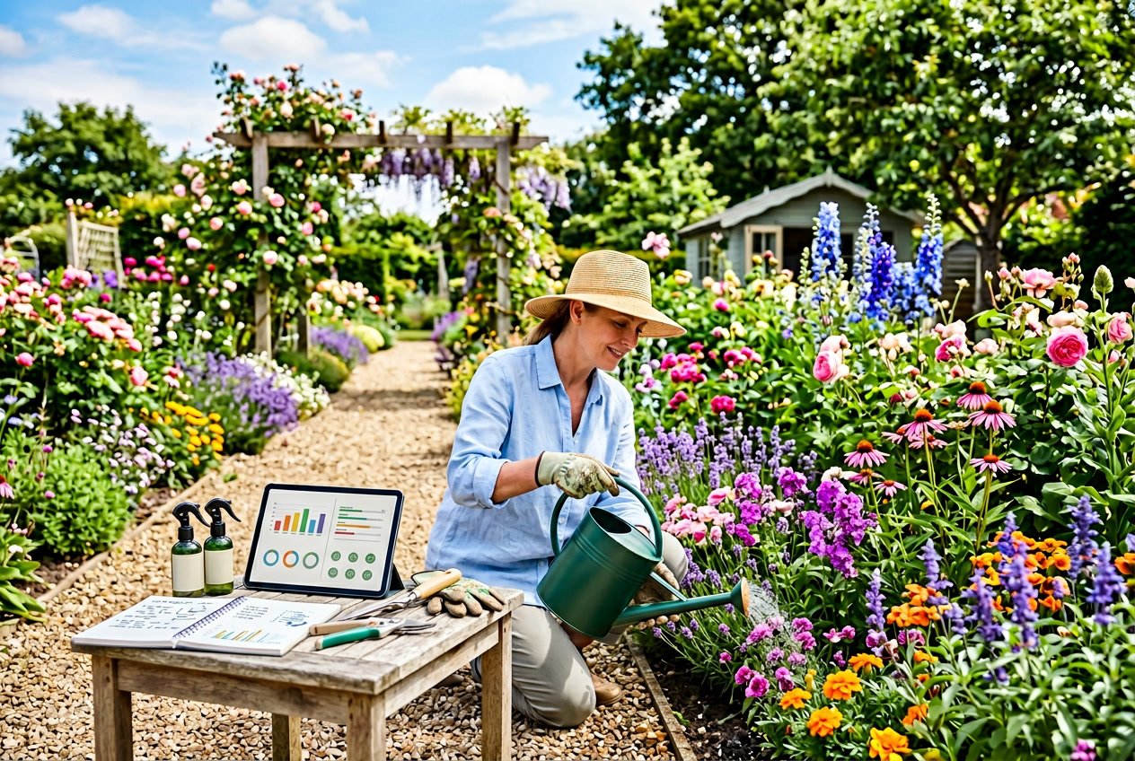 A gardener watering plants in a sunny garden with gardening tools and a tablet showing charts nearby.
