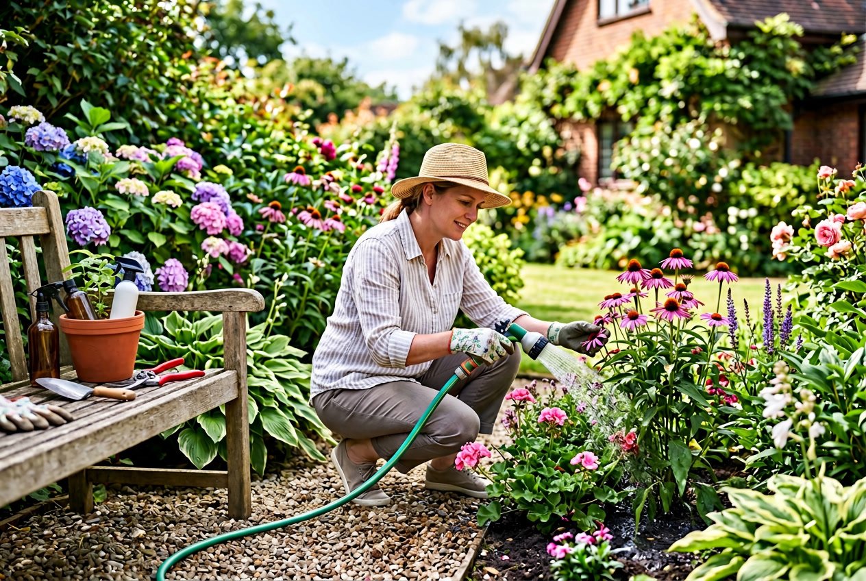 A person watering plants in a sunny summer garden with gardening tools and pest management supplies nearby.