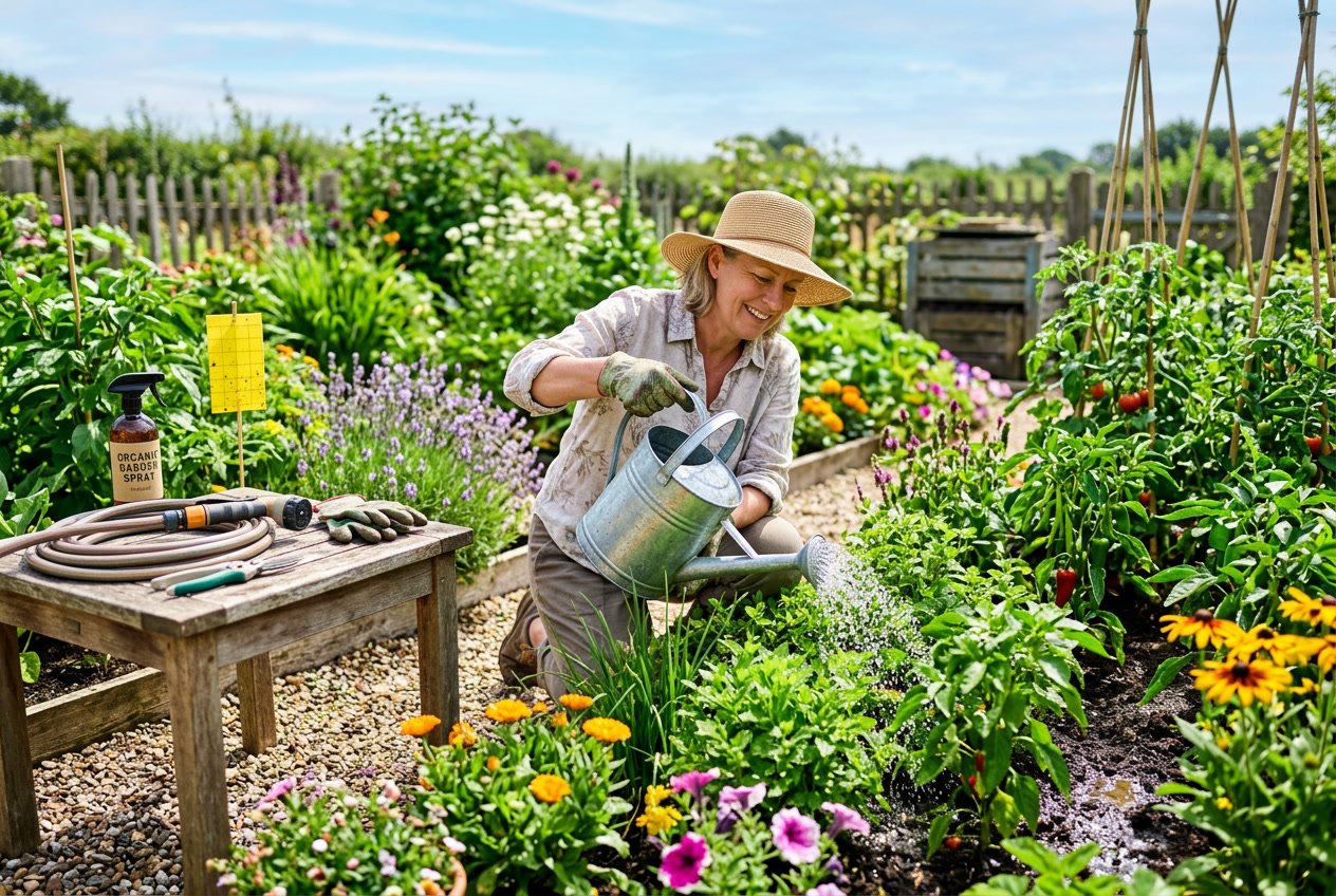 A person watering healthy plants in a sunny summer garden with gardening tools and natural pest control items nearby.