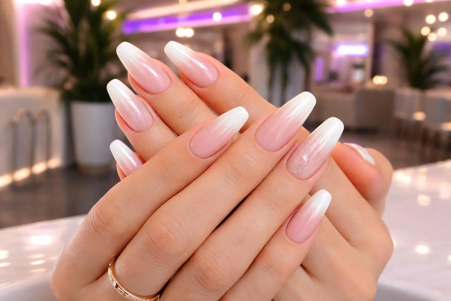 Close-up of a woman's hands with freshly done gel X nails resting on a surface inside a modern salon with blurred background.