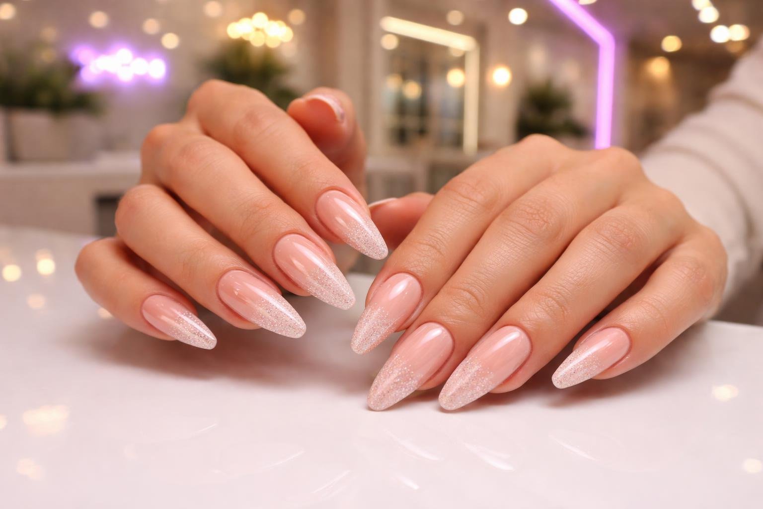 Close-up of a woman's hands with long, glossy Gel X nails posed in a modern nail salon with blurred lights in the background.