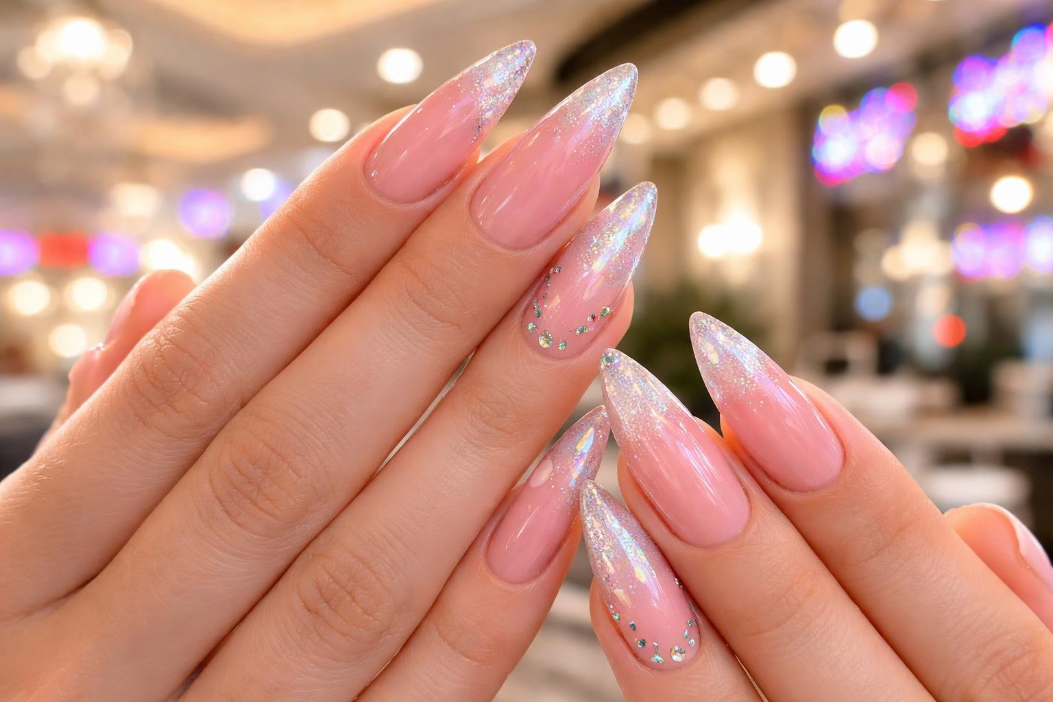 Close-up of a woman's hands with freshly done long Gel X nails in a nail salon with blurred colorful lights in the background.