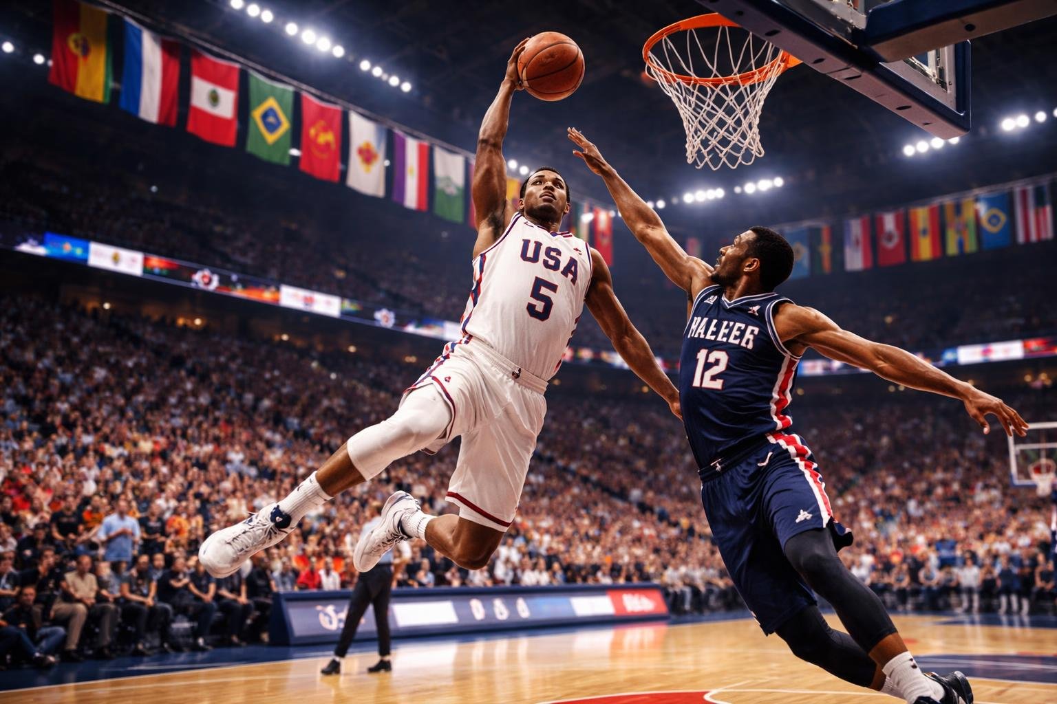 Adegan pertandingan bola basket internasional di dalam stadion dengan dua pemain sedang beraksi di lapangan dan penonton yang ramai.