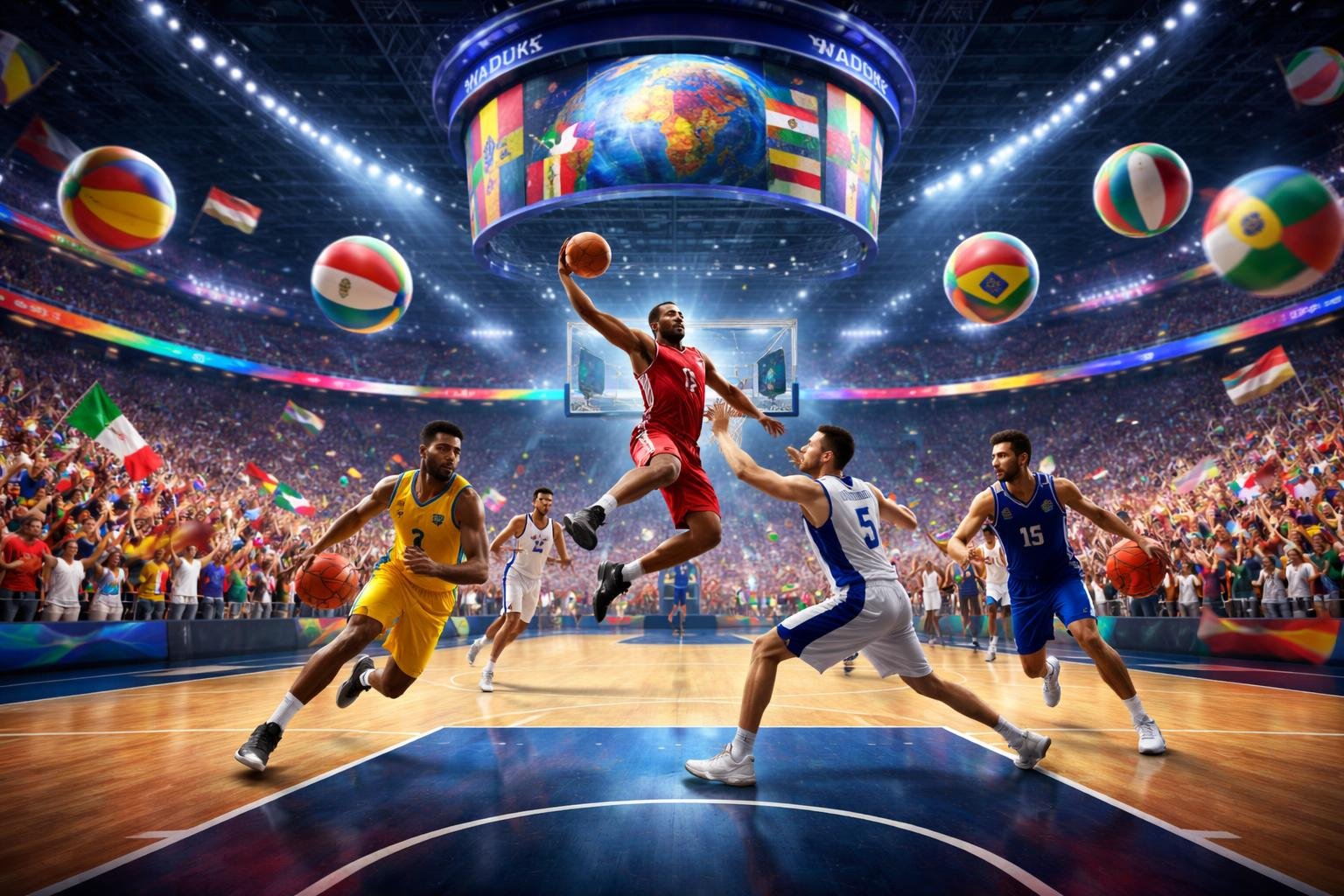 Adegan pertandingan bola basket internasional di dalam arena besar dengan pemain yang sedang beraksi dan penonton dari berbagai negara bersorak.