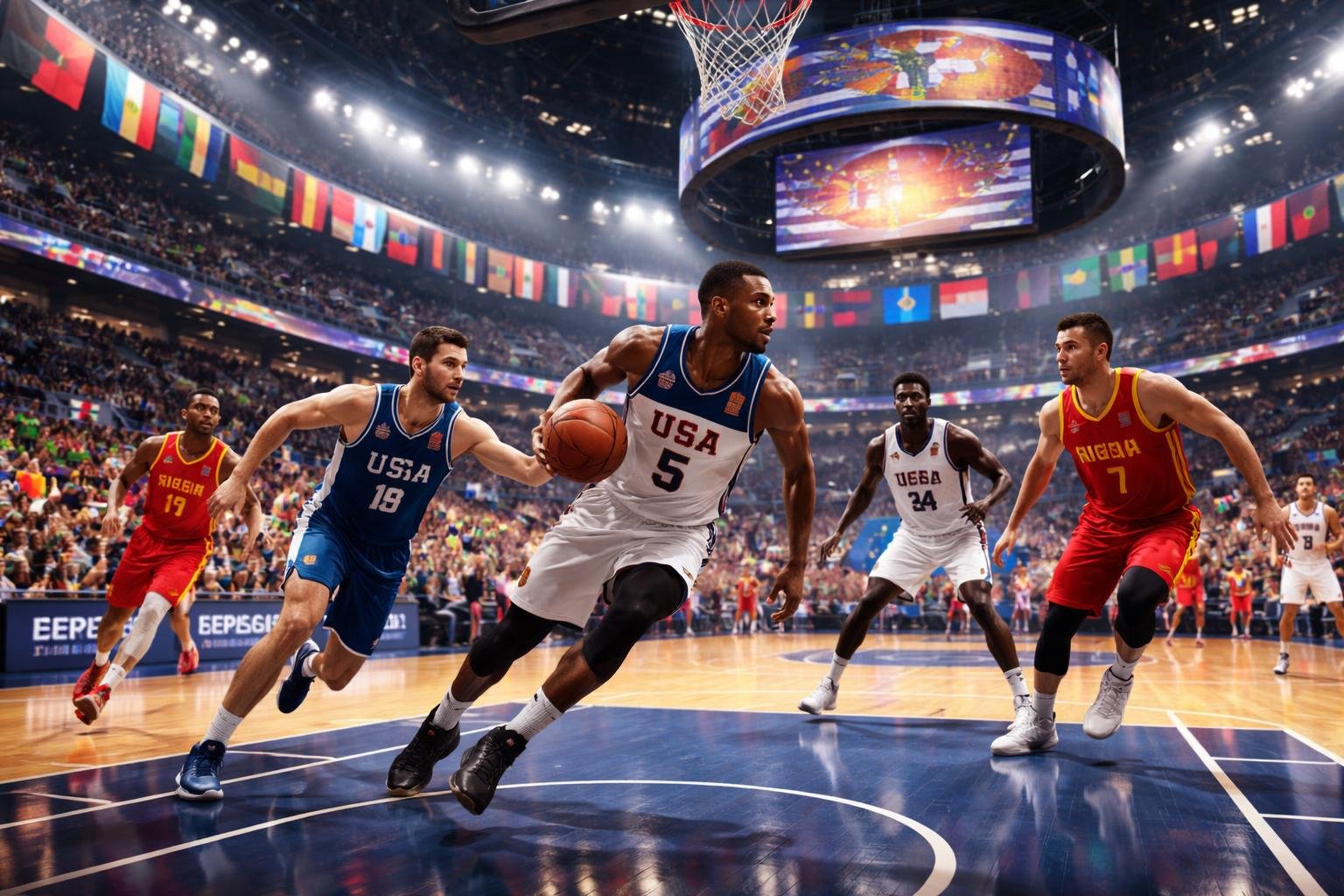 Adegan pertandingan bola basket internasional di arena dengan pemain dari berbagai negara dan penonton yang antusias.