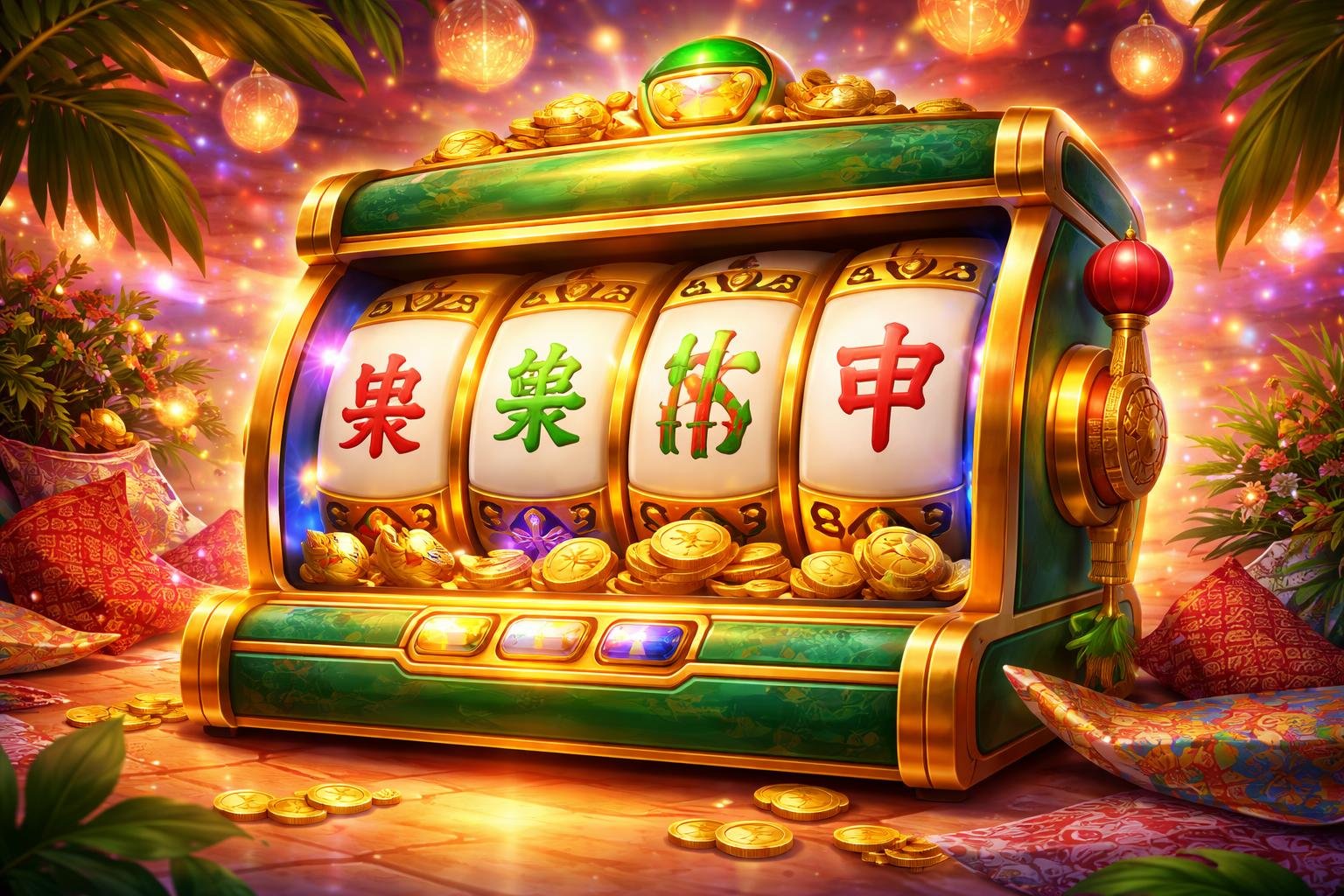 Sebuah mesin slot dengan simbol ubin Mahjong berwarna-warni di dalam lingkungan permainan yang cerah dan meriah.
