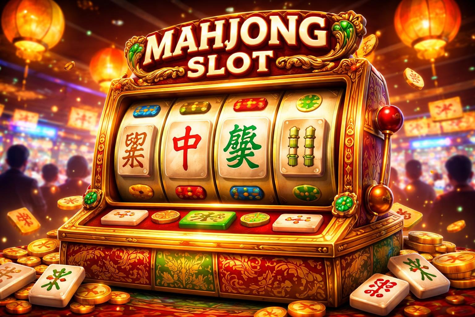 Mesin slot bertema Mahjong dengan simbol ubin Mahjong di layar, dikelilingi oleh elemen dekoratif yang mencerminkan budaya Indonesia dan suasana arcade permainan yang ramai.