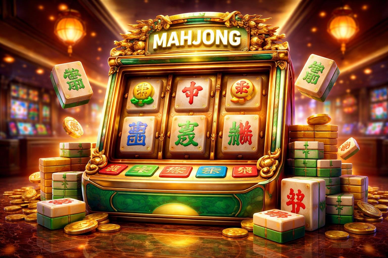 Mesin slot bertema Mahjong dengan ubin Mahjong berwarna-warni dan latar kasino mewah yang cerah.