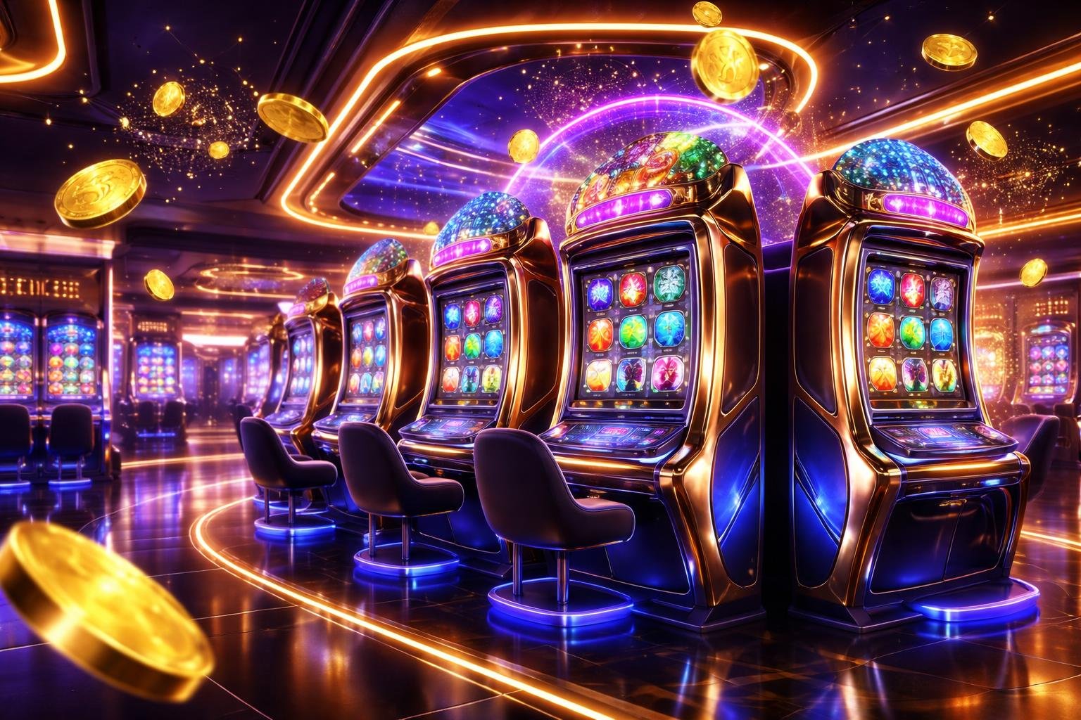 Suasana kasino modern dengan mesin slot futuristik yang menyala dan koin melayang di udara.