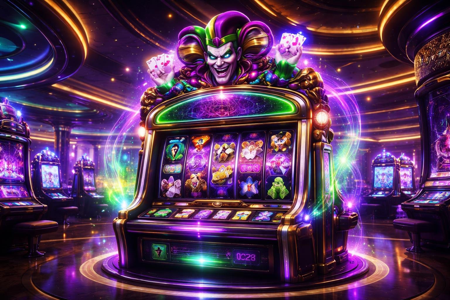 Sebuah mesin slot bertema Joker yang futuristik dan berwarna-warni di dalam kasino modern dengan pencahayaan dinamis.