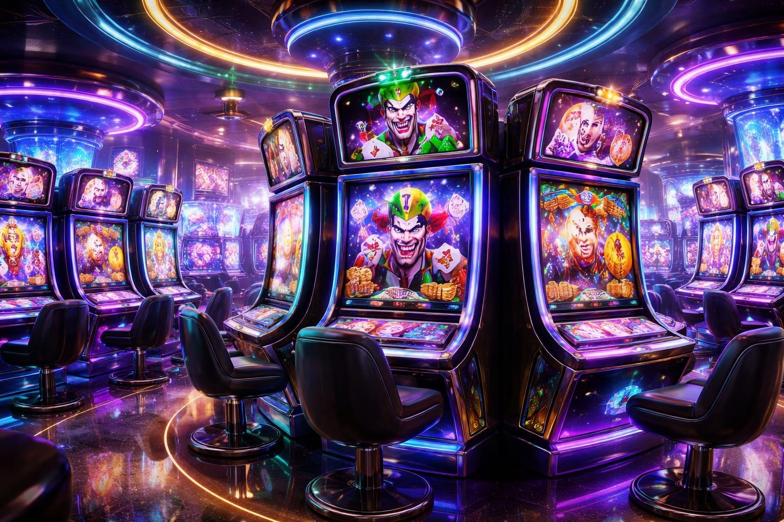 Area mesin slot dengan beberapa mesin bertema Joker yang berwarna-warni dan menyala, menampilkan suasana kasino yang modern dan futuristik.